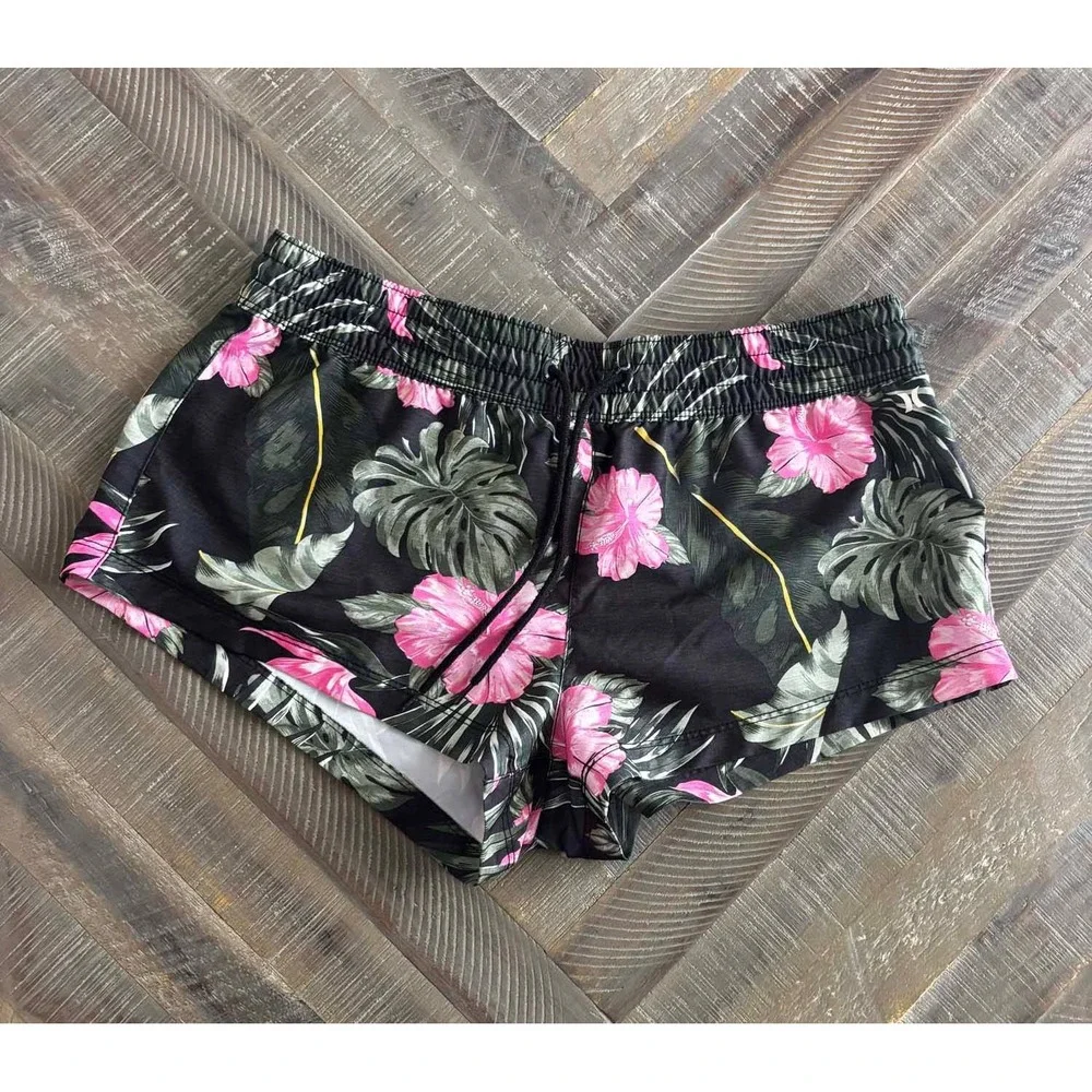 Hurley Women Black Pink Tropical Hibiscus Floral Board Shorts Swim Trunks M